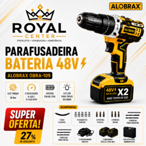 Parafusadeira e Furadeira a Bateria 48V Alobrax OBRA-109 com 2 Baterias e Maleta